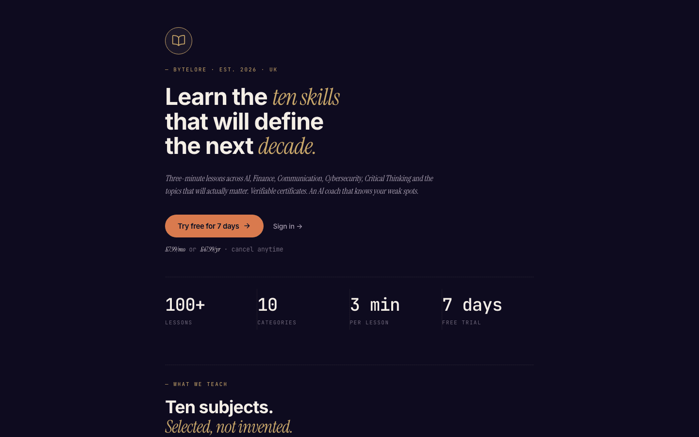 The Bytelore homepage: a UK microlearning subscription with its daily lesson card and pricing laid out on a light editorial grid.